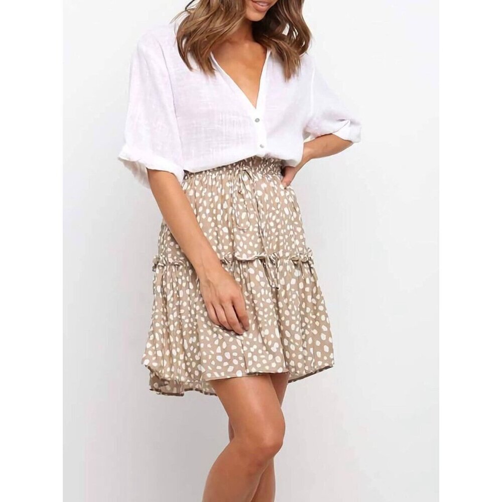 Alelly High Waist Ruffle Mini Skirt Beige Women's Medium Rayon Summer Cute NWT